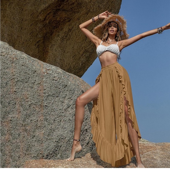 Henna store Green Wide-Leg Ruffle Split Skirt Pants Elastic Waistband O/S - Picture 3 of 16